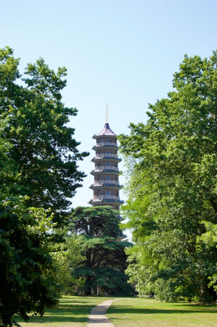 A tall, multi-tiered pagoda with a distinctive, narrow spire at the top stands prominently beyond a lush green park. The pagoda features dark wooden sections with curved, tiled roofs on each level, and is partially obscured by mature trees with vibrant green foliage framing the scene. A winding footpath leads through the grassy area towards the pagoda, suggesting a peaceful outdoor setting often associated with outdoor recreational spaces that might be cleared of rubbish during maintenance or clearance activities. The sky above is clear and pale blue, contributing to a bright, natural atmosphere. This scene highlights the contrast between the structured, architectural feature of the pagoda and the natural greenery of the park, which may be cared for by local authorities or private services such as those of Rubbish Clearance Kingston upon Thames to maintain cleanliness and aesthetic appeal in the area, supporting sustainable waste and rubbish management practices.